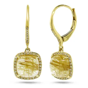 0.21ct Diamond & 4.77ct Golden Line Quartz 14k Yellow Gold Earring