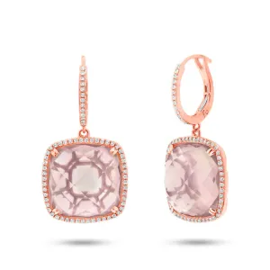 0.52ct Diamond & 23.39ct Rose Quartz 14k Rose Gold Earring