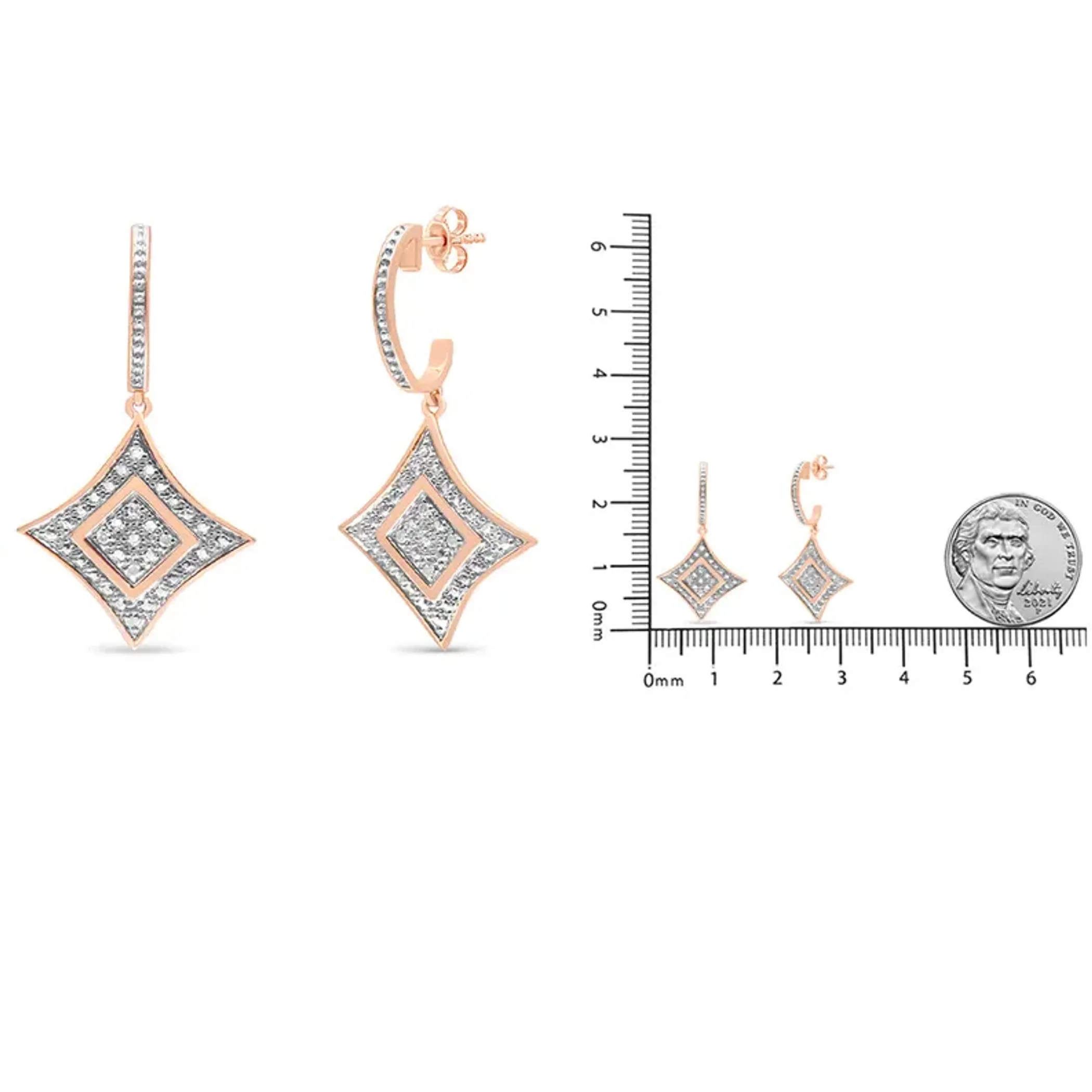 10K Rose Gold Plated Sterling Silver Round Cut Diamond Cushion Dangle Earrings (0.04 cttw, H-I Color, I2-I3 Clarity)