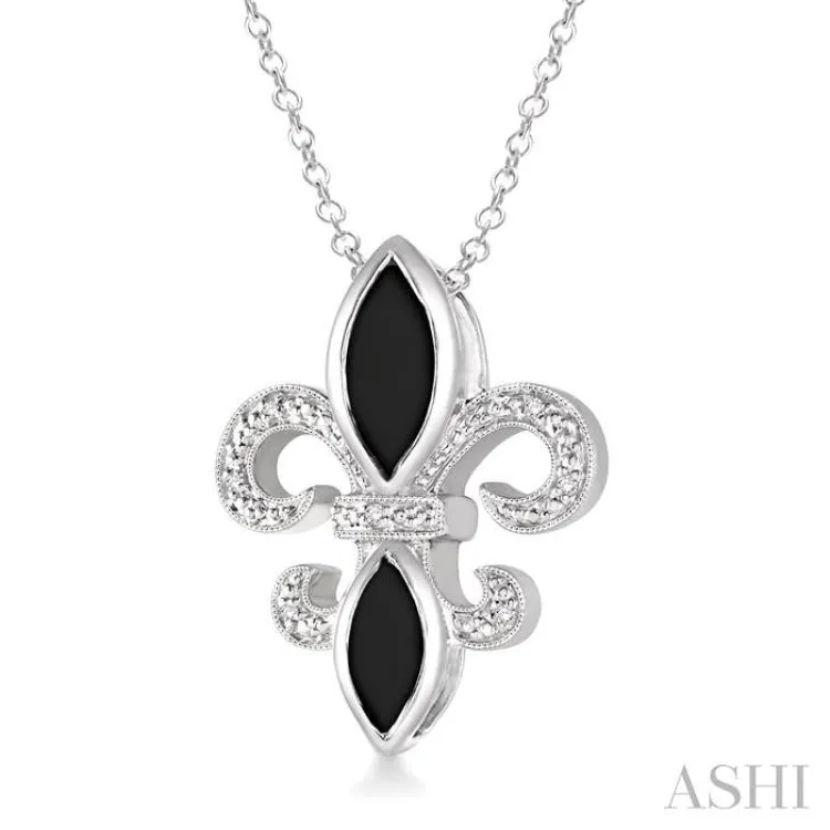 10x5 & 8x4 mm marquise cut Onyx and 1/50 Ctw Single Cut Diamond Fleur De Lis Pendant in Sterling Silver with Chain