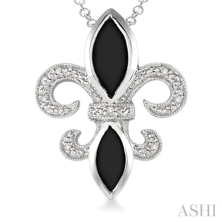 10x5 & 8x4 mm marquise cut Onyx and 1/50 Ctw Single Cut Diamond Fleur De Lis Pendant in Sterling Silver with Chain