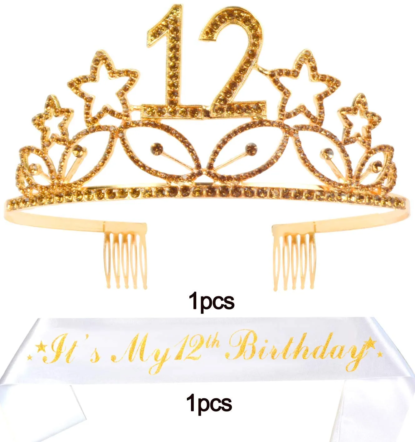 12th Birthday Gifts for Girl, 12th Birthday Tiara and Sash Gold, HAPPY 12th Birthday Party