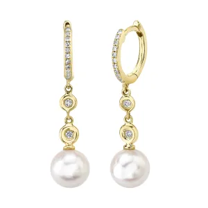 14K Yellow Gold Diamond and Cultured Pearl Earrings