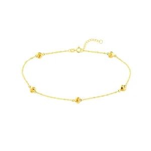 14K Yellow Gold Hearts on Piatto Chain Adjustable Anklet