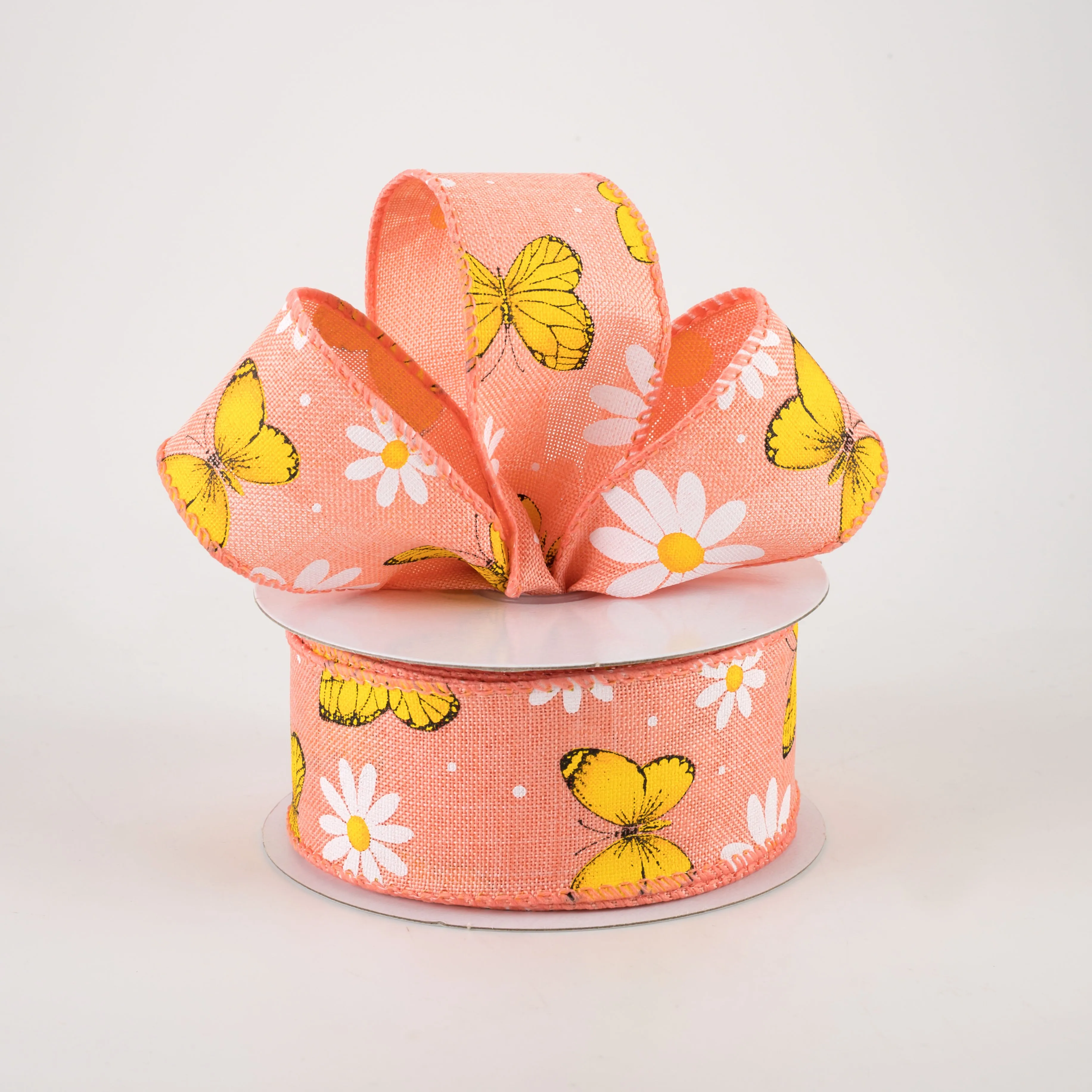 1.5" Daisies & Butterflies Linen Ribbon: Coral (10 Yards)