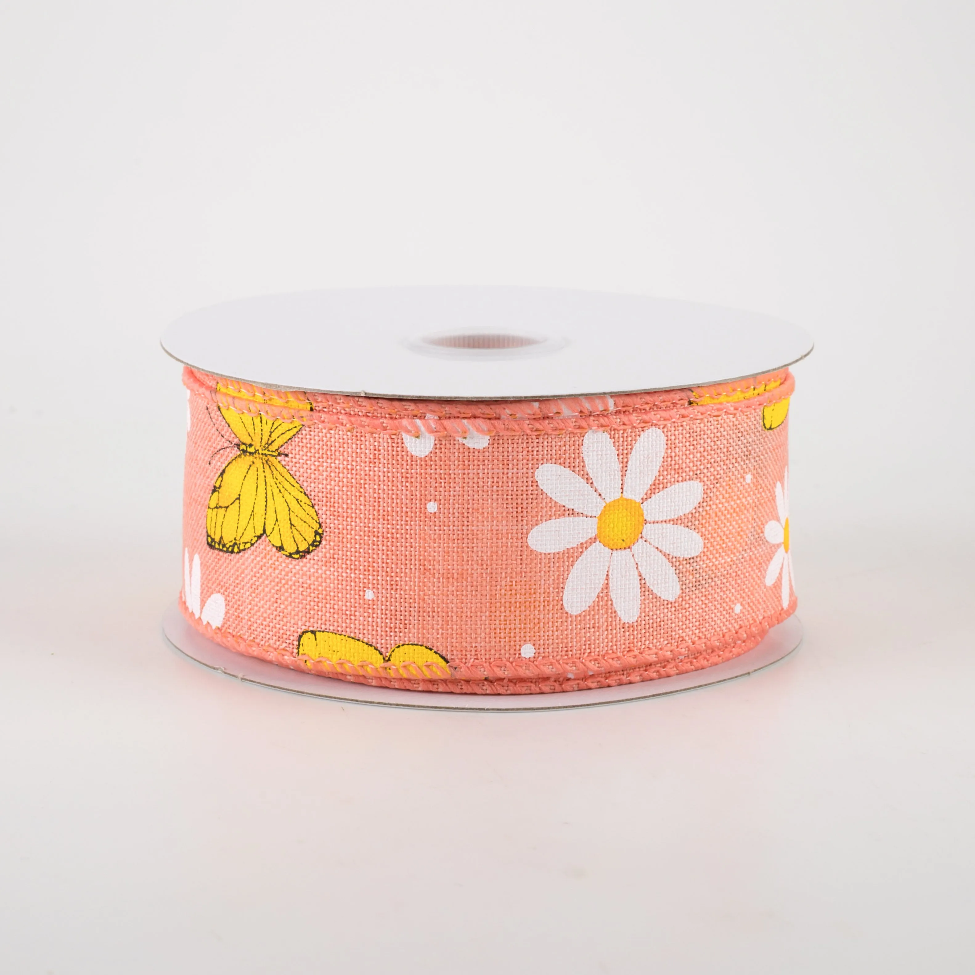 1.5" Daisies & Butterflies Linen Ribbon: Coral (10 Yards)