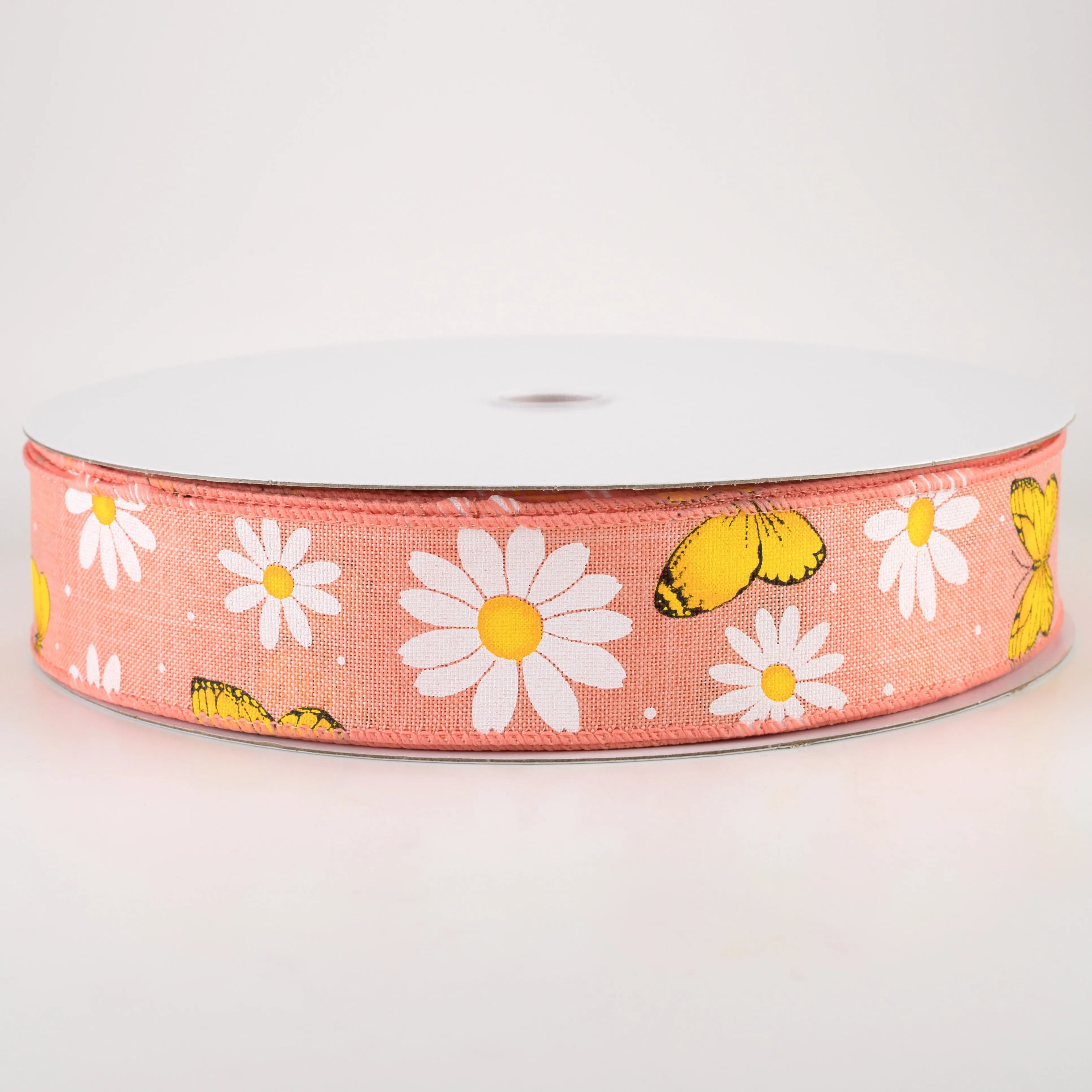 1.5" Daisies & Butterflies Linen Ribbon: Coral (50 Yards)