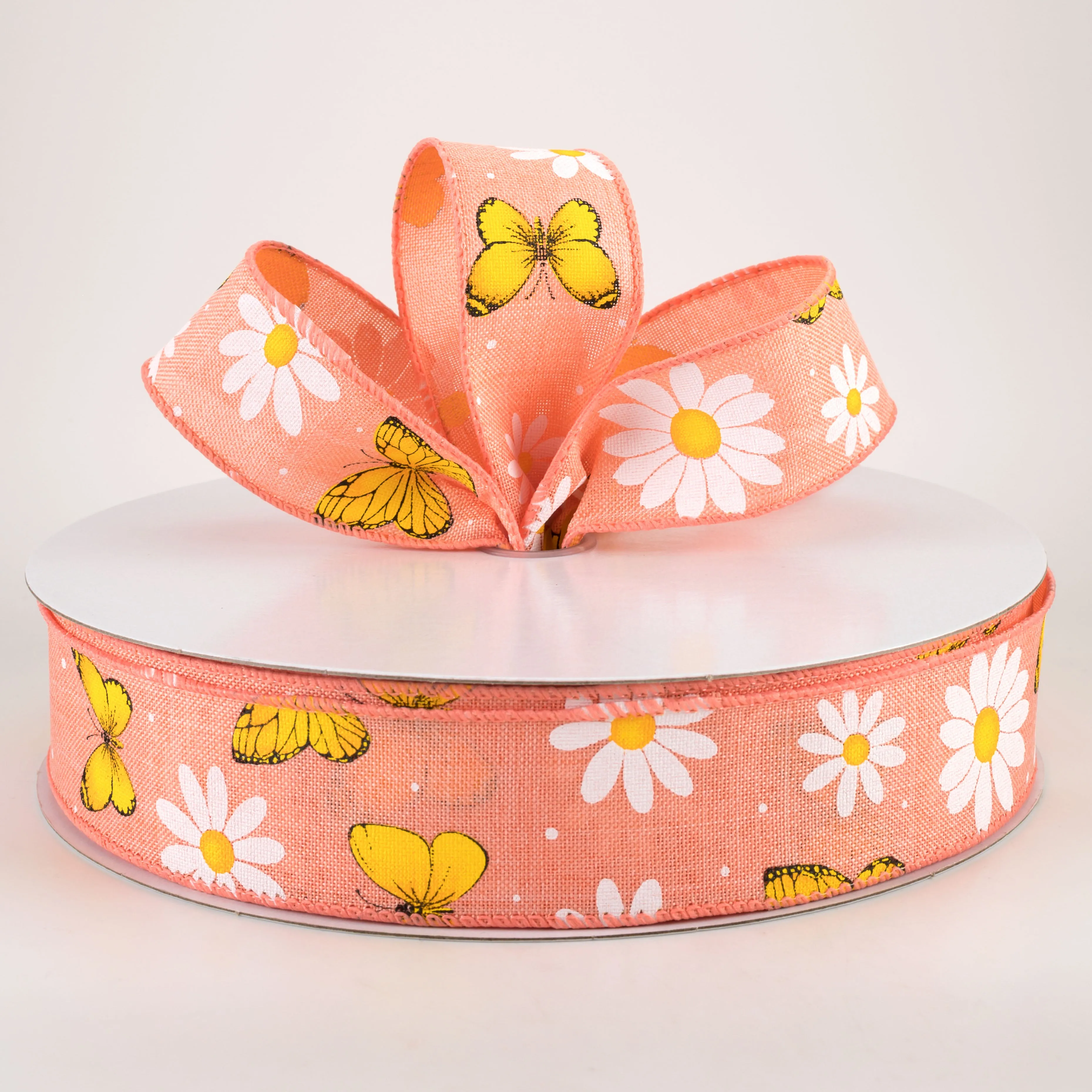 1.5" Daisies & Butterflies Linen Ribbon: Coral (50 Yards)