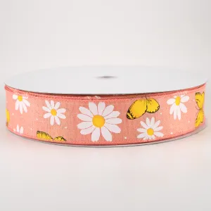 1.5" Daisies & Butterflies Linen Ribbon: Coral (50 Yards)