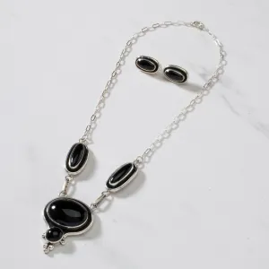 16" Paul Livingston Black Onyx Navajo USA Native American Made 925 Sterling Silver Choker Necklace & Earring Set