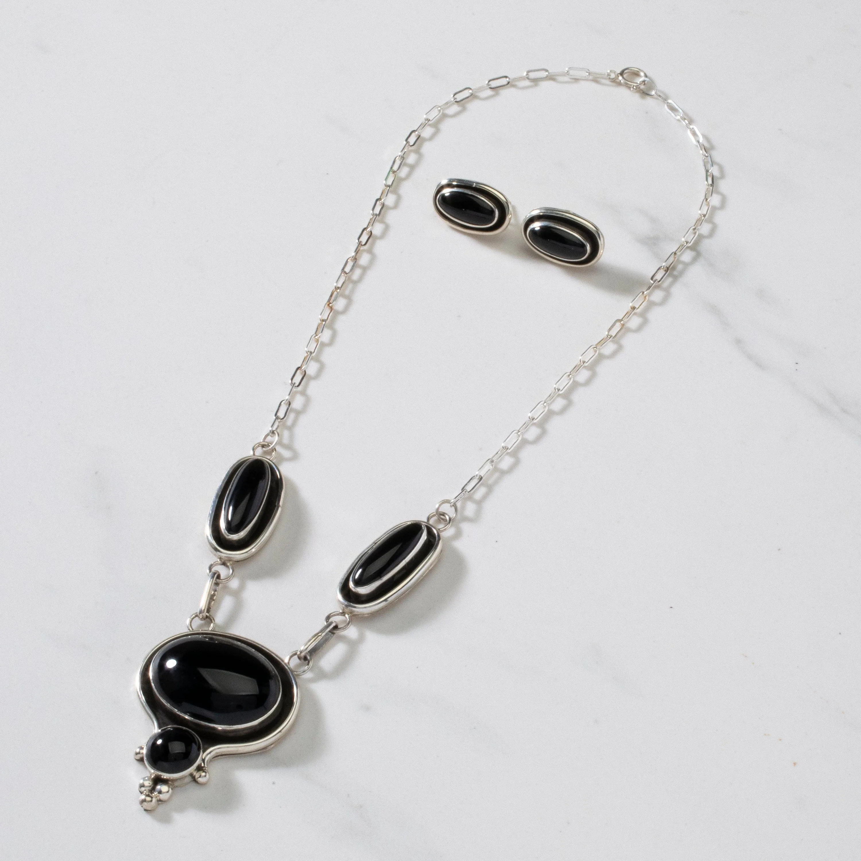 16" Paul Livingston Black Onyx Navajo USA Native American Made 925 Sterling Silver Choker Necklace & Earring Set