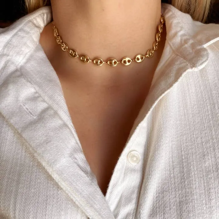 18k Gold Filled Puffy Mariner Choker Featuring Unique Chain Extender