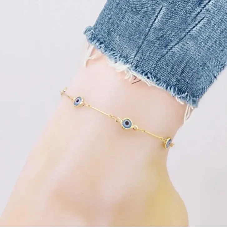 18K Gold Plated Bar Style Light Blue Evil Eye Crystal Anklet