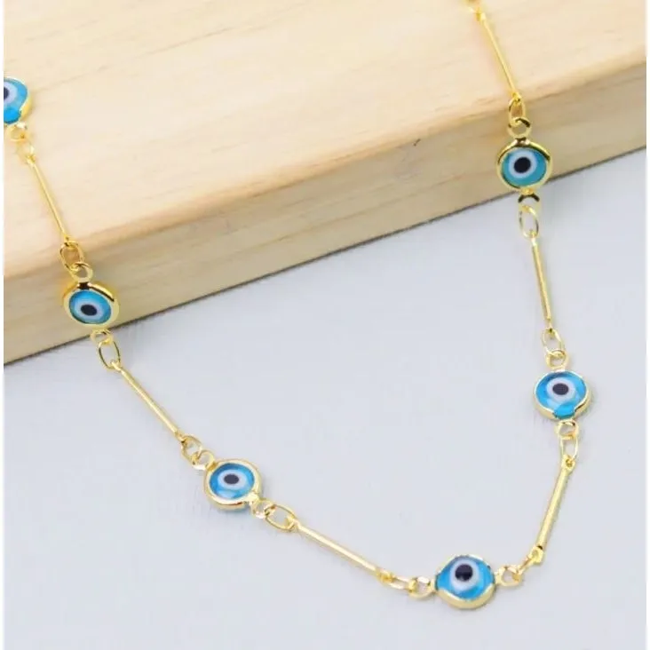 18K Gold Plated Bar Style Light Blue Evil Eye Crystal Anklet