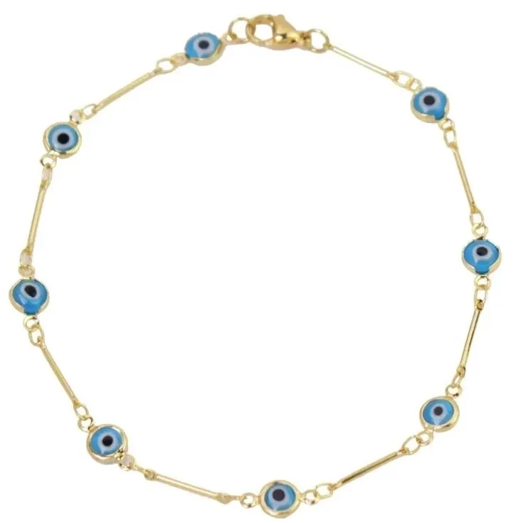 18K Gold Plated Bar Style Light Blue Evil Eye Crystal Anklet