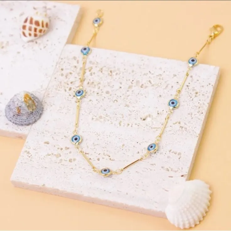 18K Gold Plated Bar Style Light Blue Evil Eye Crystal Anklet