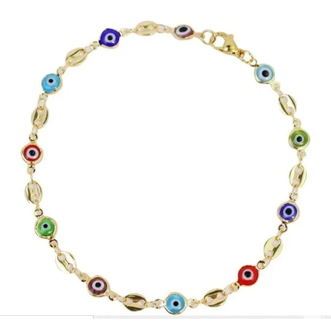 18K Gold Plated Mariner Multi Color Evil Eye Crystal Anklet