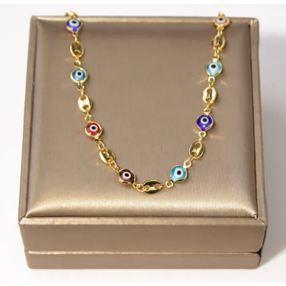 18K Gold Plated Mariner Multi Color Evil Eye Crystal Anklet