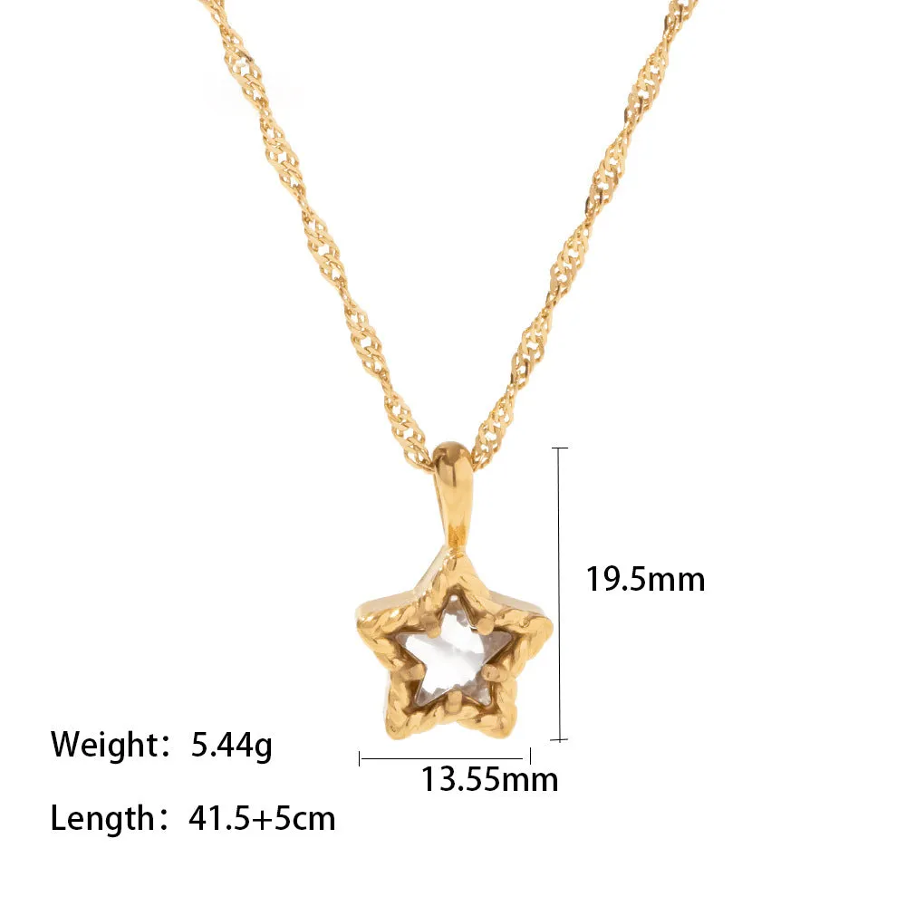 18K Gold Plated Water Ripple Chain Inlaid White Zircon Pentagram Pendant Necklace