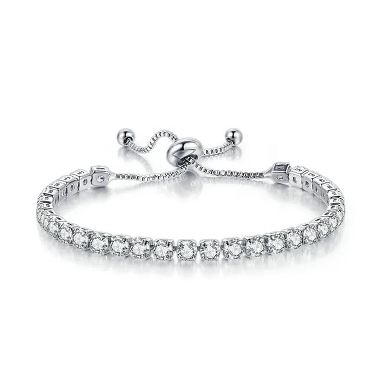 18k White Gold 6 Cttw Created White Sapphire CZ Round Adjustable Tennis Plated Bracelet.