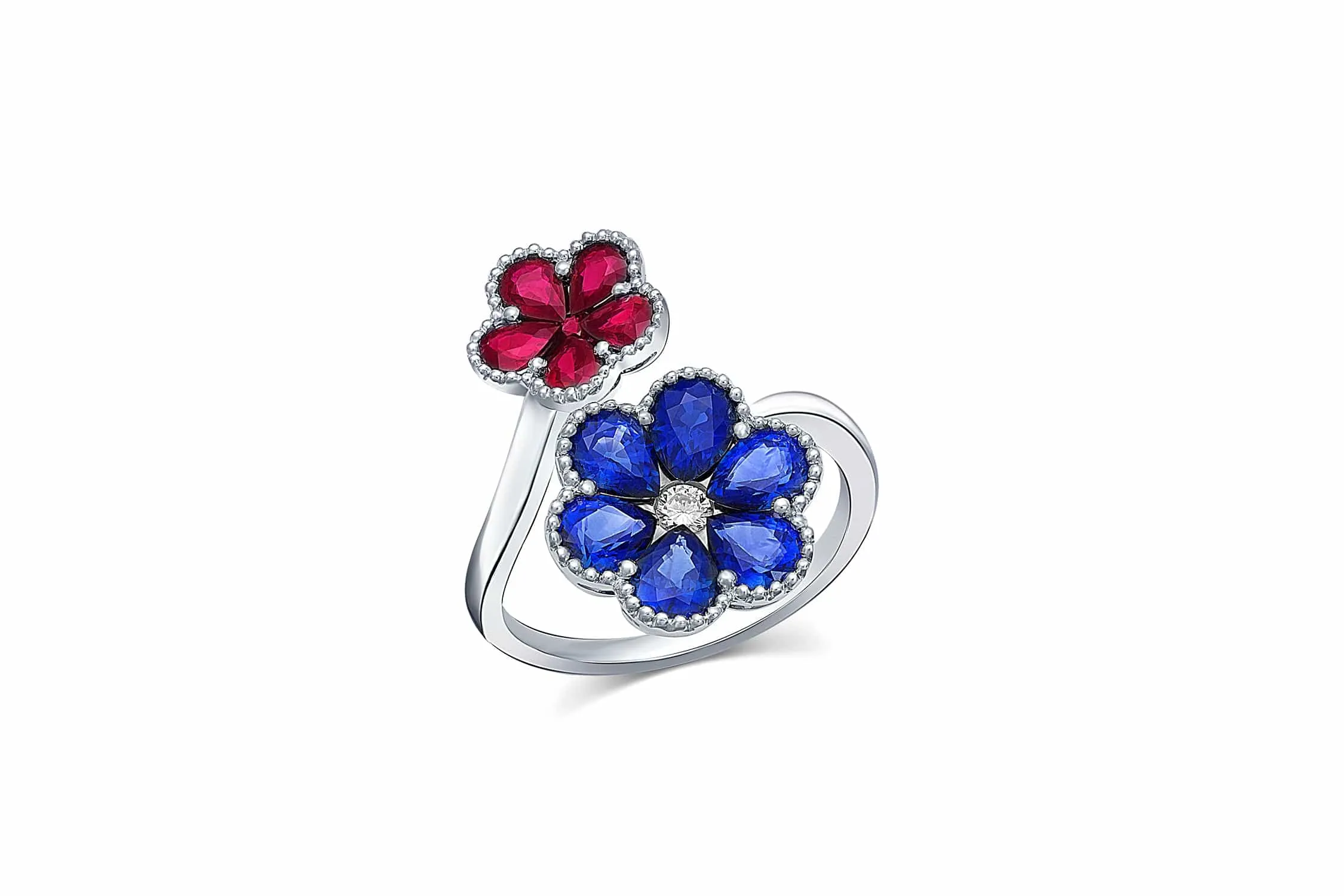 18k White Gold Sapphire and Ruby Floral Bypass Ring