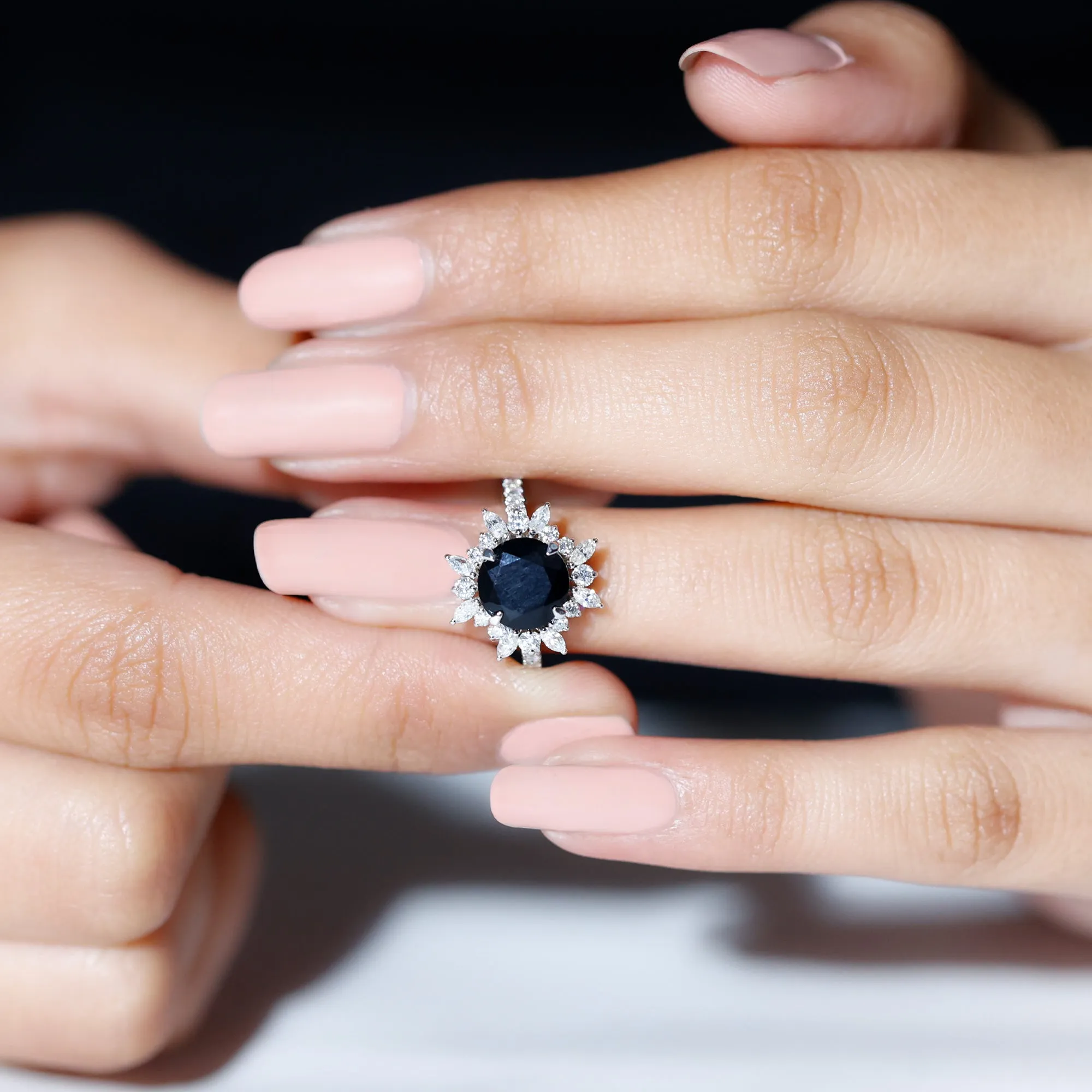 3 CT Round Black Onyx Statement Ring with Moissanite Floral Halo