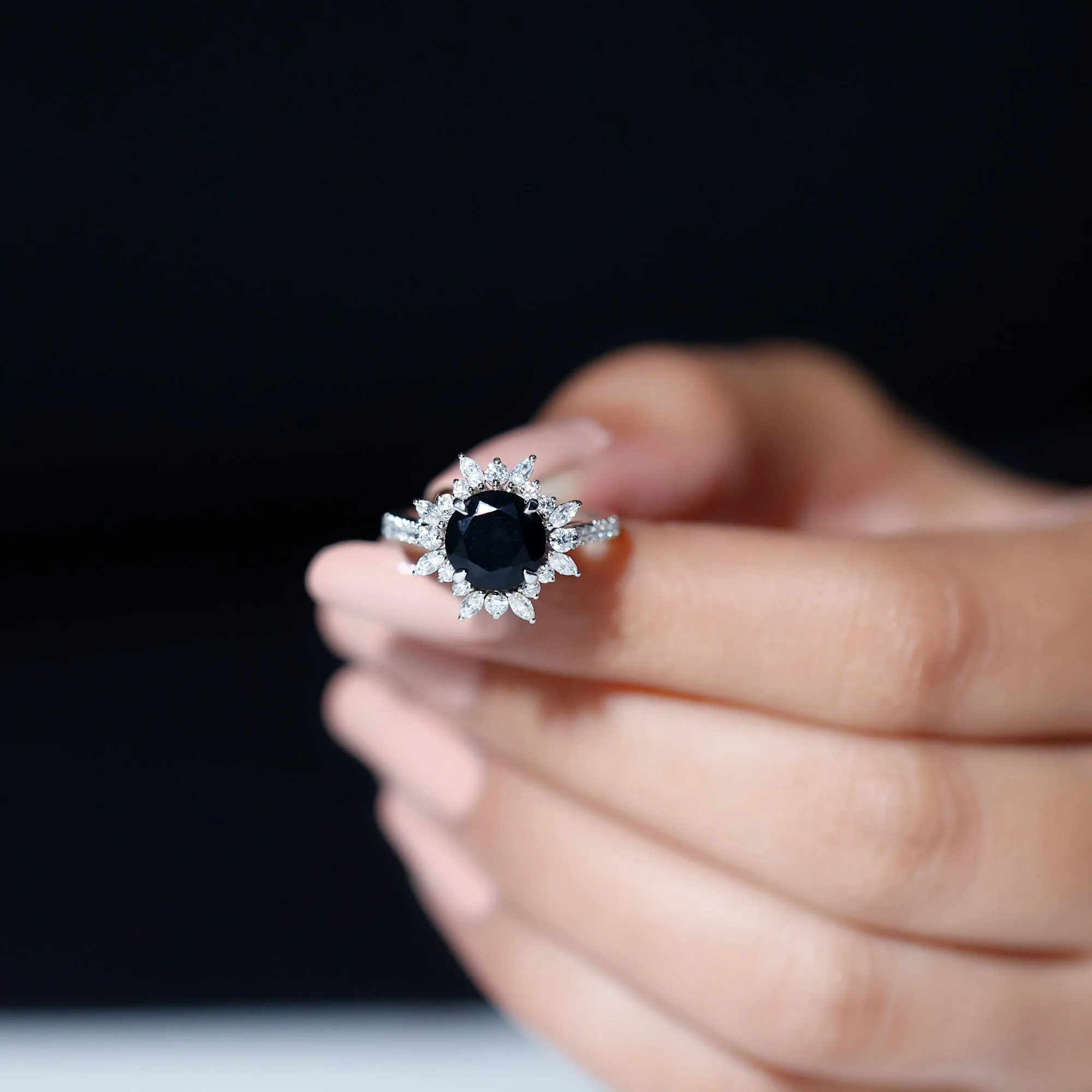 3 CT Round Black Onyx Statement Ring with Moissanite Floral Halo