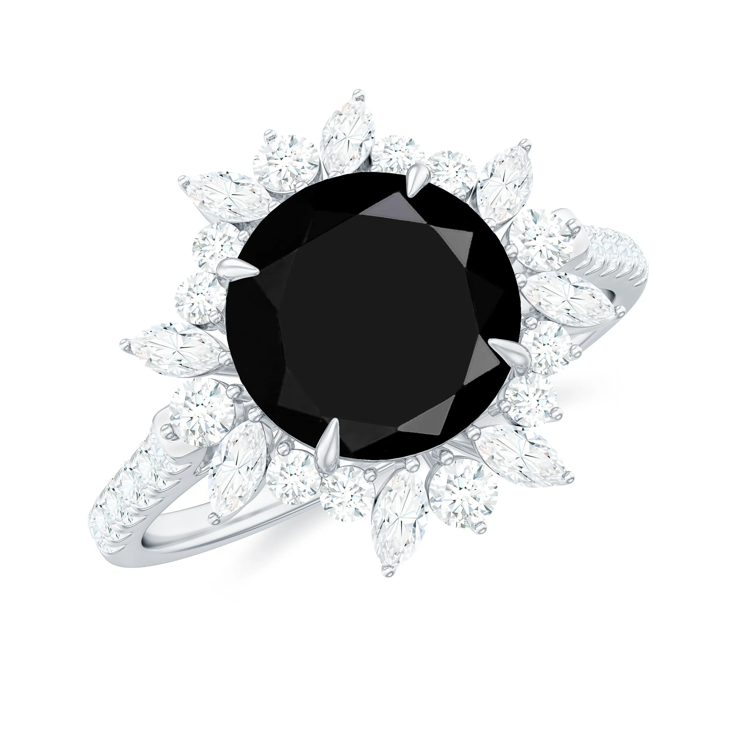 3 CT Round Black Onyx Statement Ring with Moissanite Floral Halo