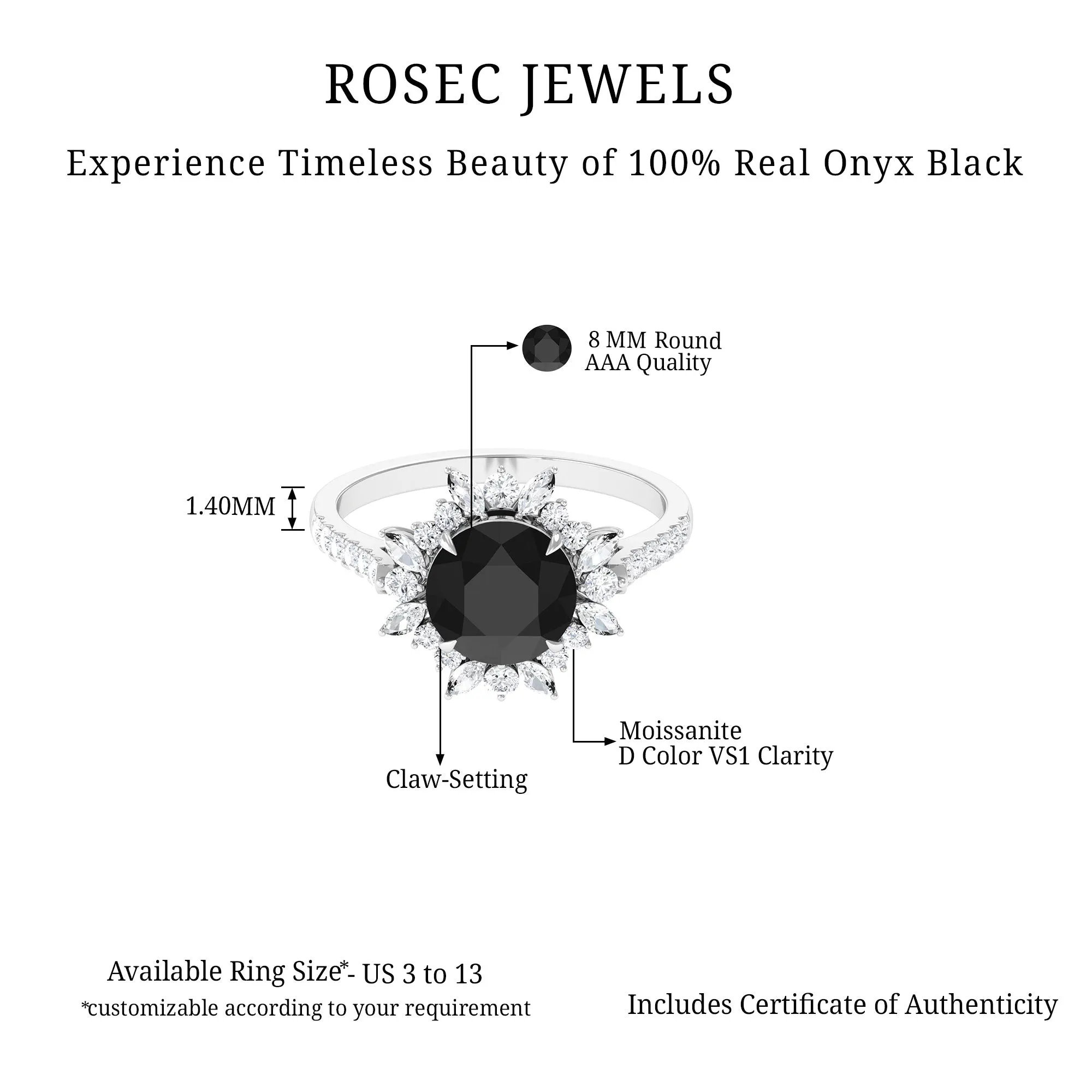 3 CT Round Black Onyx Statement Ring with Moissanite Floral Halo