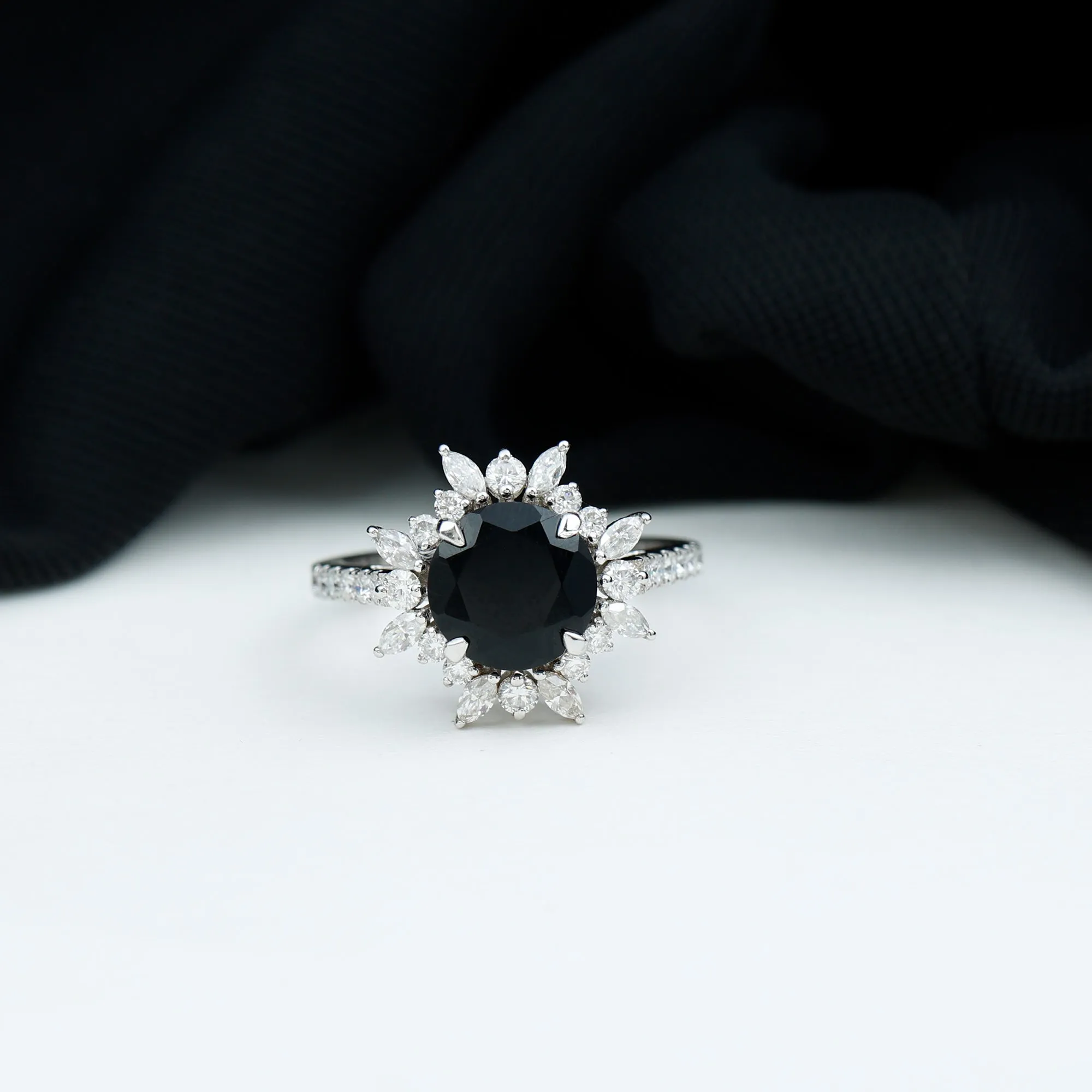 3 CT Round Black Onyx Statement Ring with Moissanite Floral Halo