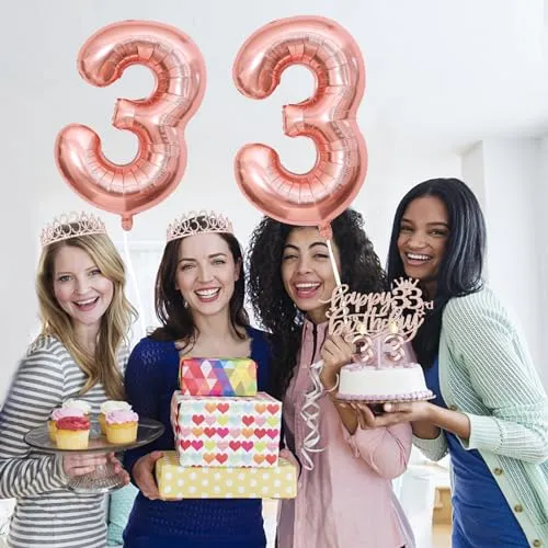 33 Birthday Decorations for Women Including 33 Birthday Sash for Women, Tiara/Crown, Numeral 33 Candles and Cake Topper, Rose Gold Number 33 Balloons, 33rd Birthday Gifts for Women