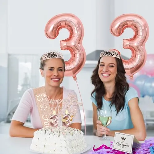 33 Birthday Decorations for Women Including 33 Birthday Sash for Women, Tiara/Crown, Numeral 33 Candles and Cake Topper, Rose Gold Number 33 Balloons, 33rd Birthday Gifts for Women