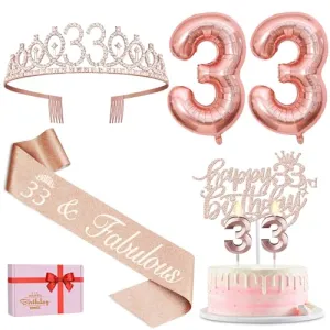 33 Birthday Decorations for Women Including 33 Birthday Sash for Women, Tiara/Crown, Numeral 33 Candles and Cake Topper, Rose Gold Number 33 Balloons, 33rd Birthday Gifts for Women