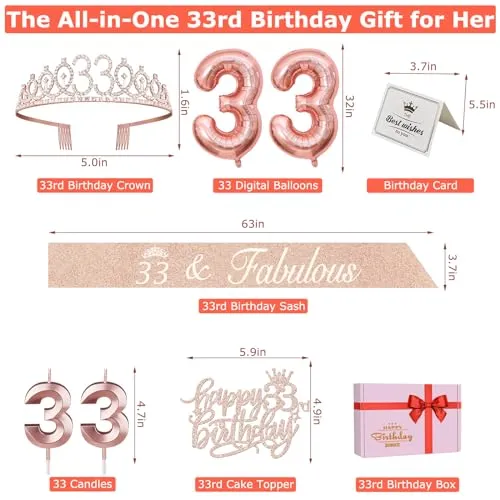 33 Birthday Decorations for Women Including 33 Birthday Sash for Women, Tiara/Crown, Numeral 33 Candles and Cake Topper, Rose Gold Number 33 Balloons, 33rd Birthday Gifts for Women