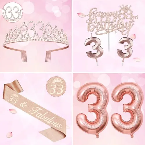 33 Birthday Decorations for Women Including 33 Birthday Sash for Women, Tiara/Crown, Numeral 33 Candles and Cake Topper, Rose Gold Number 33 Balloons, 33rd Birthday Gifts for Women