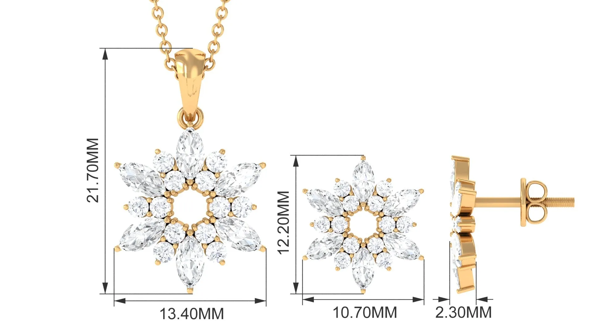 4 CT Cubic Zirconia Flower Cluster Jewelry Set in Gold