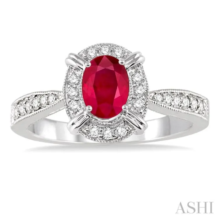 6x4 MM Oval Shape Ruby and 1/6 Ctw Single Cut Diamond Ring in 10K White Gold