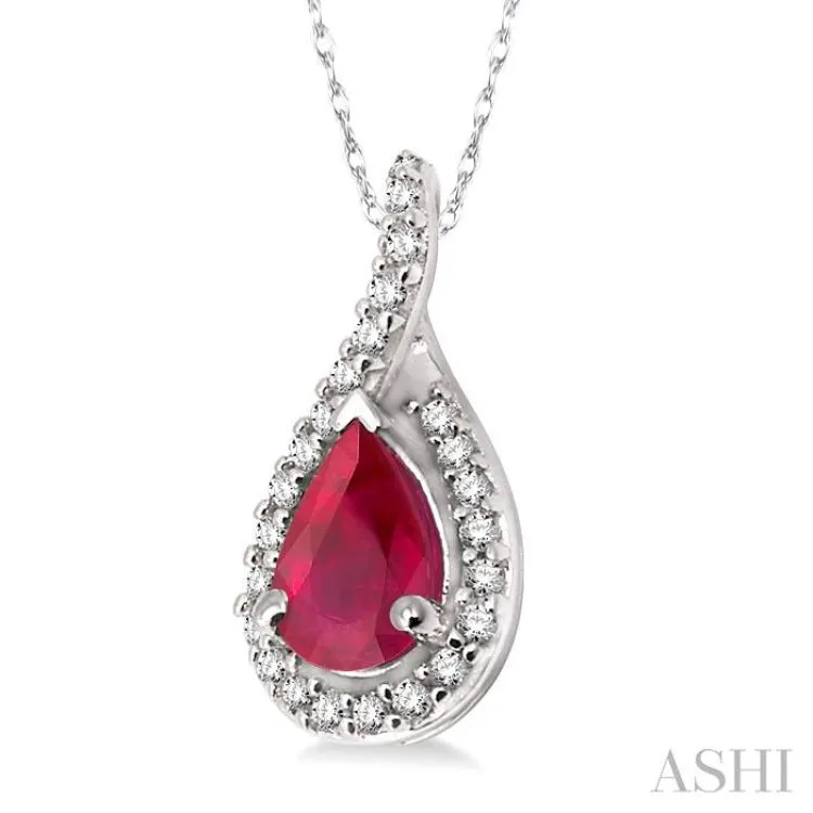 6x4 MM Pear Shape Ruby and 1/10 Ctw Round Cut Diamond Pendant in 14K White Gold with Chain