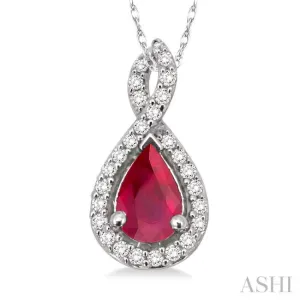 6x4 MM Pear Shape Ruby and 1/10 Ctw Round Cut Diamond Pendant in 14K White Gold with Chain