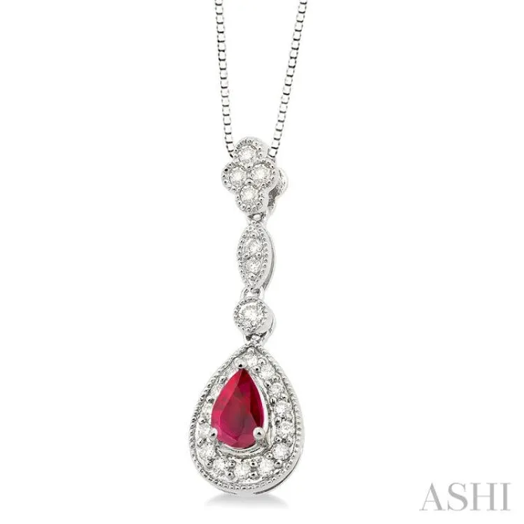 6x4 MM Pear Shape Ruby and 1/4 Ctw Round Cut Diamond Pendant in 14K White Gold with Chain