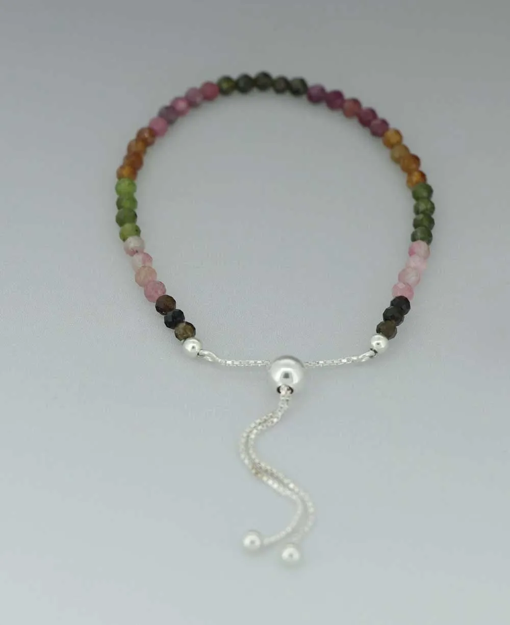 Adjustable Sterling Silver Bolo Bracelet with Dainty Gemstone Beads