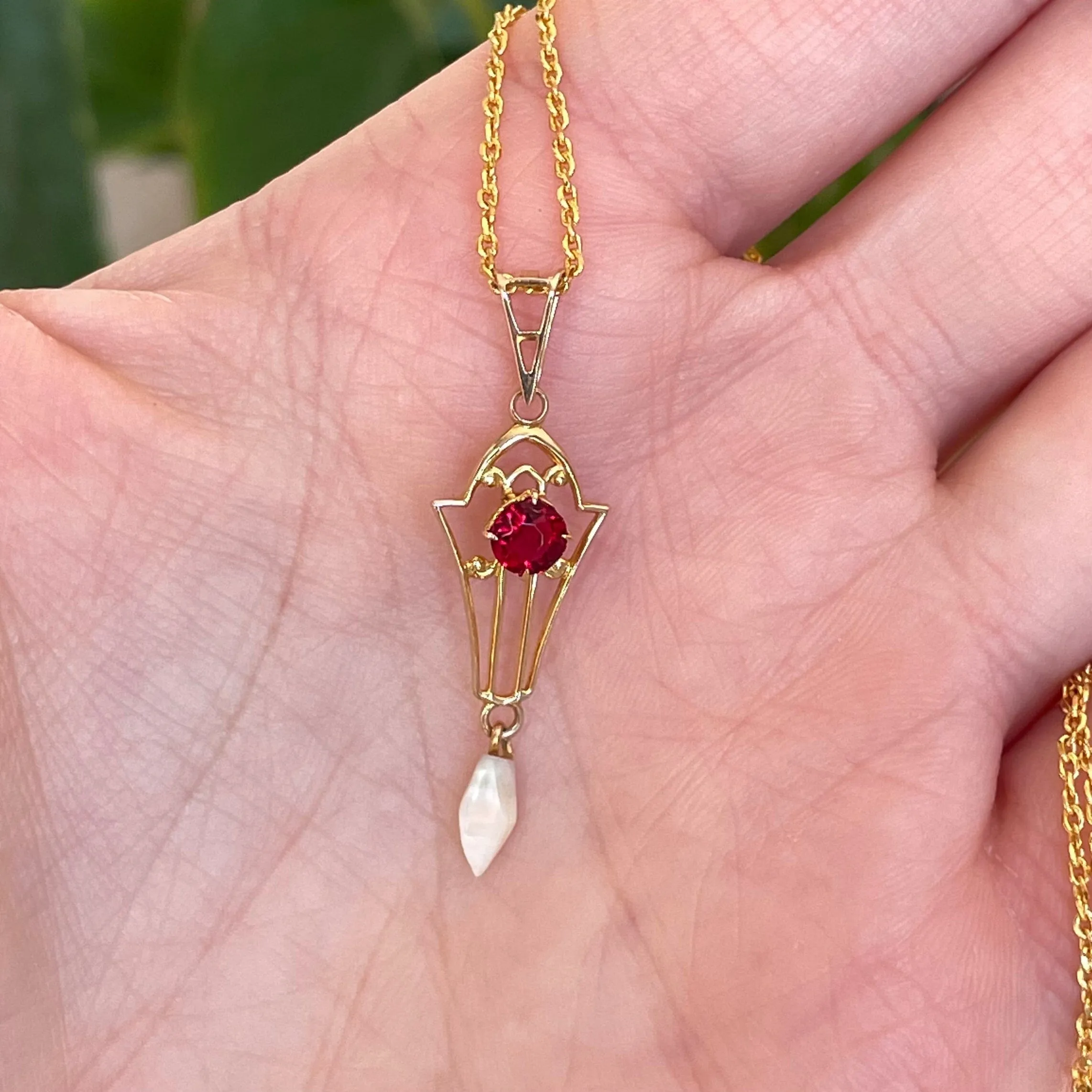 Antique 10K Gold Ruby Pearl Lavalier Necklace