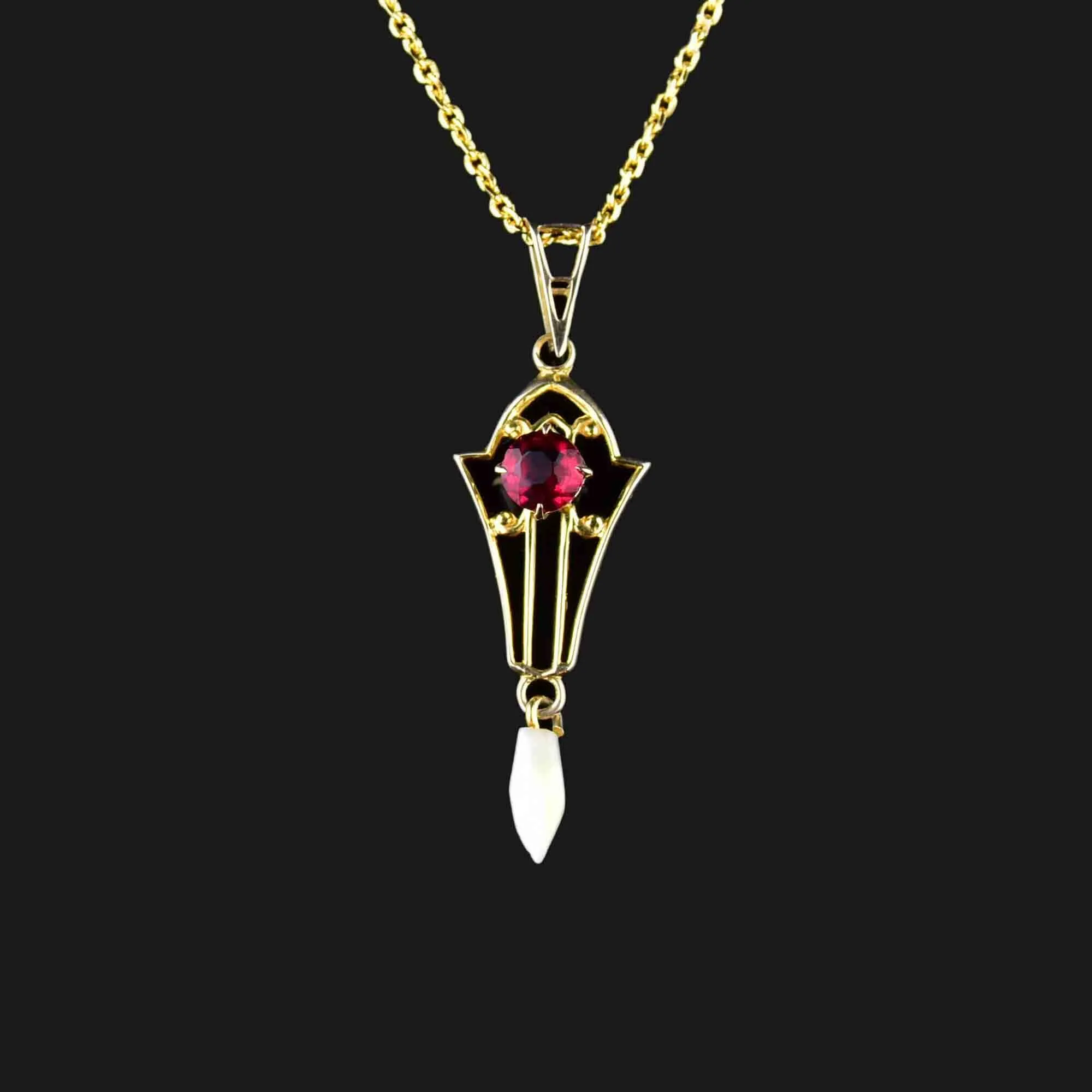 Antique 10K Gold Ruby Pearl Lavalier Necklace