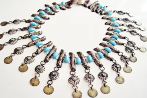 Antique Balkan Ottoman Silver and Blue Beads Choker Necklace