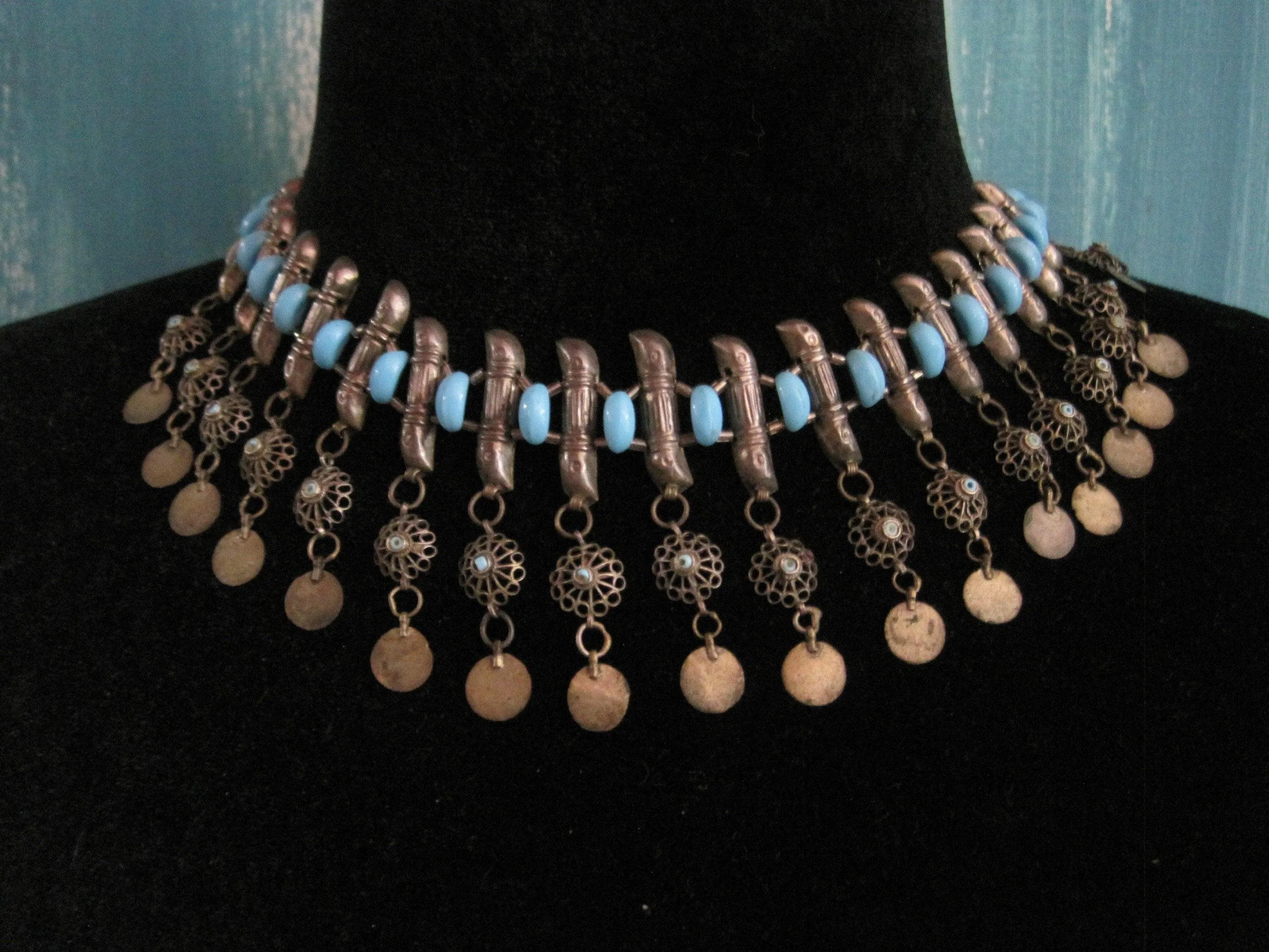 Antique Balkan Ottoman Silver and Blue Beads Choker Necklace