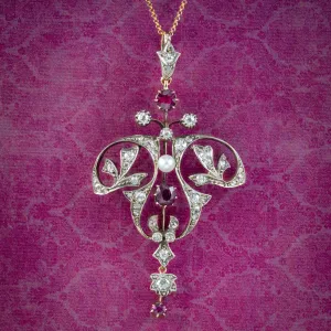 Antique Victorian Ruby Diamond Pearl Pendant Necklace 0.90ct Ruby