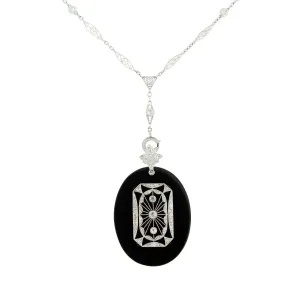 Art Deco 14k Onyx & Diamond Filigree Pendant Necklace