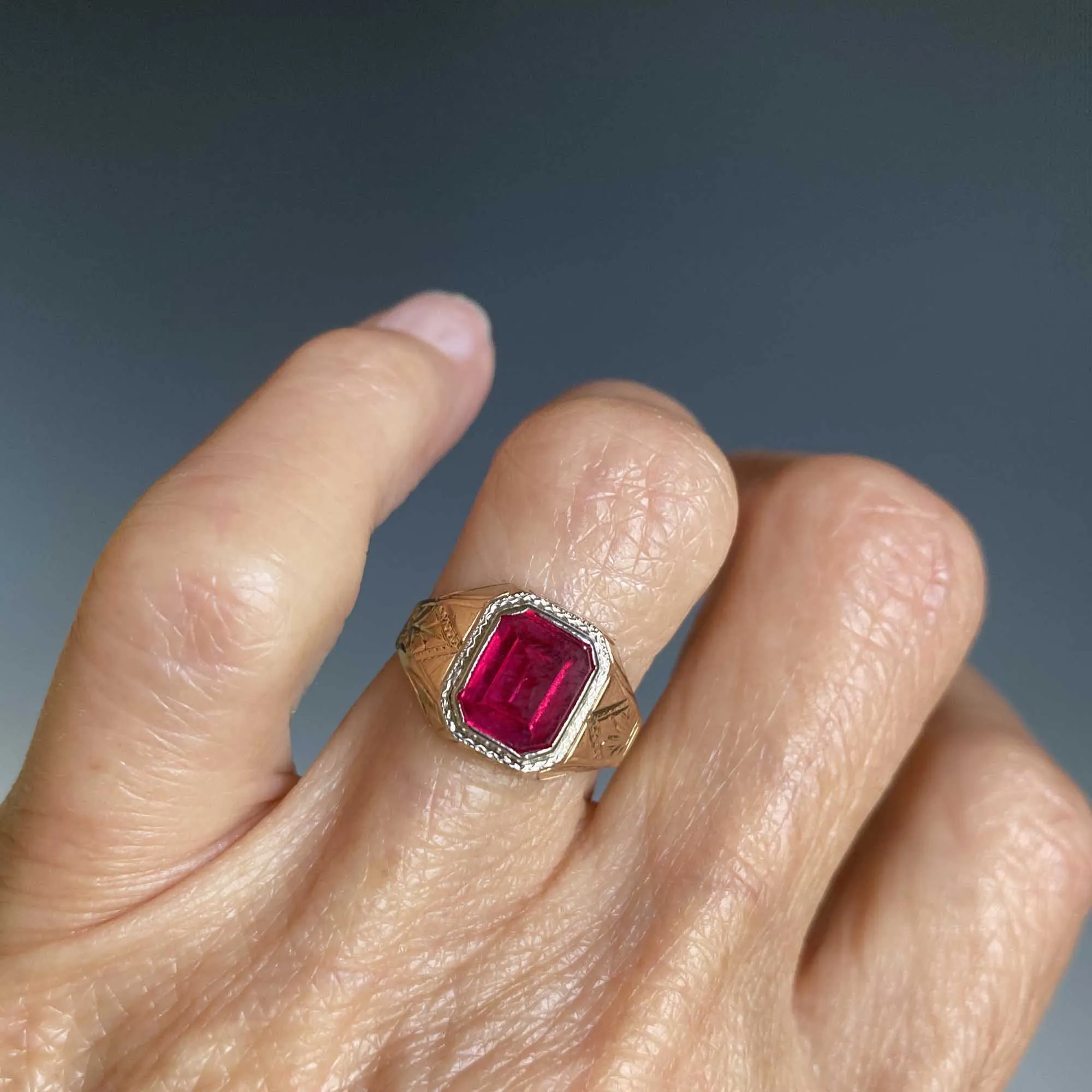 Art Deco Engraved Gold Ruby Signet Ring