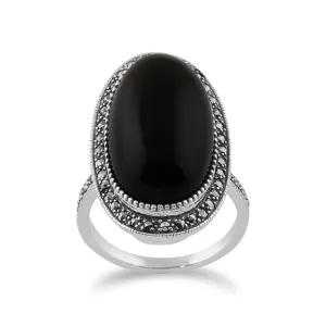 Art Deco Stil Markasit & Schwarzer Onyx Oval Ring in 925 Sterling Silber