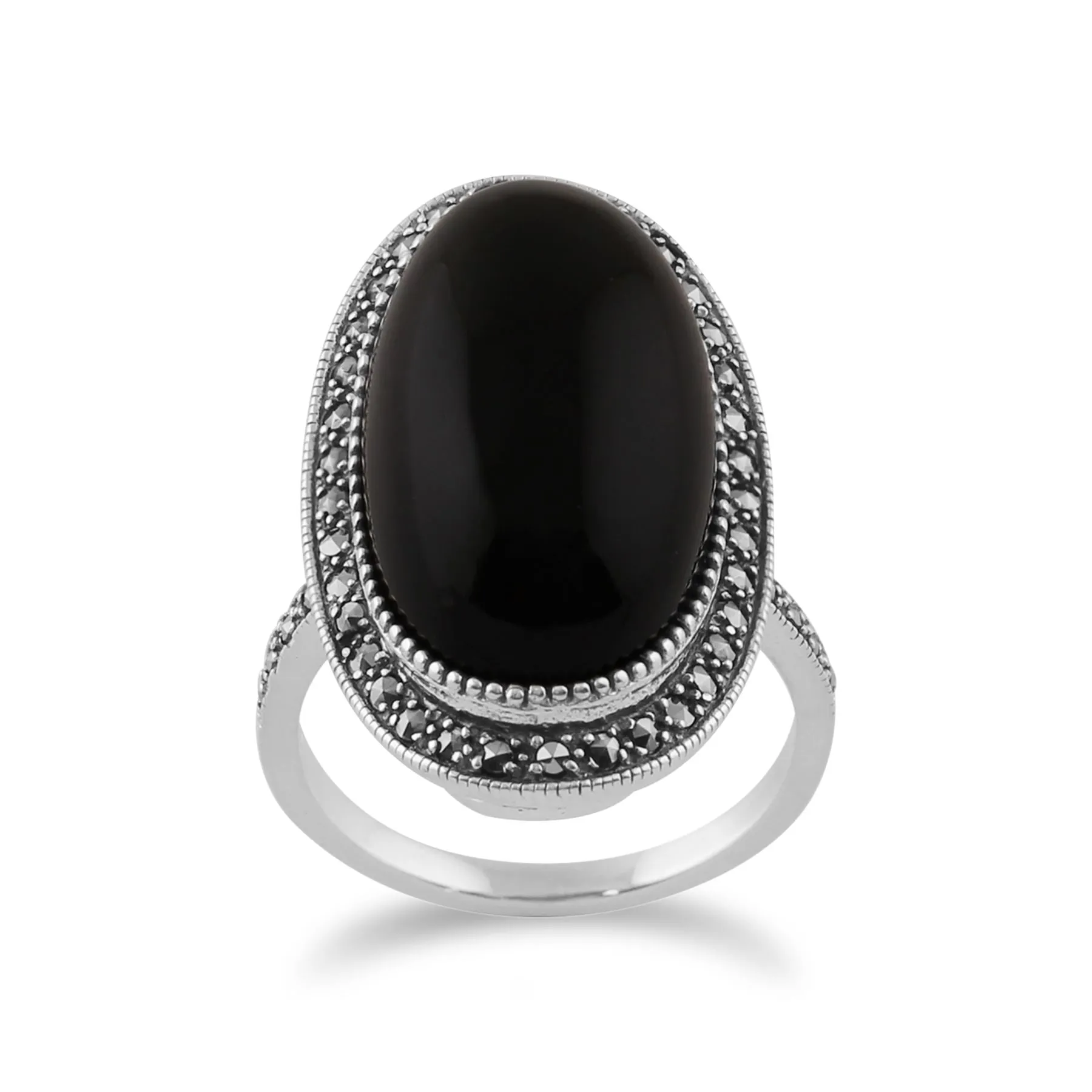 Art Deco Stil Markasit & Schwarzer Onyx Oval Ring in 925 Sterling Silber